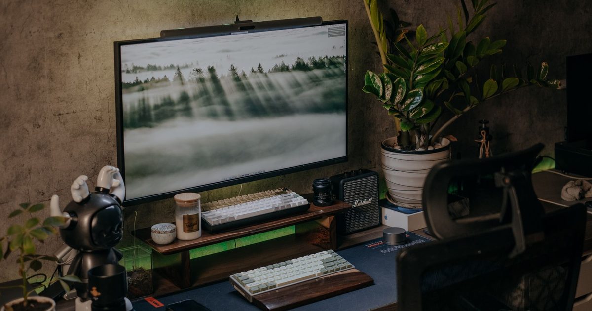 A light bar clipped to the top of a monitor beside plants