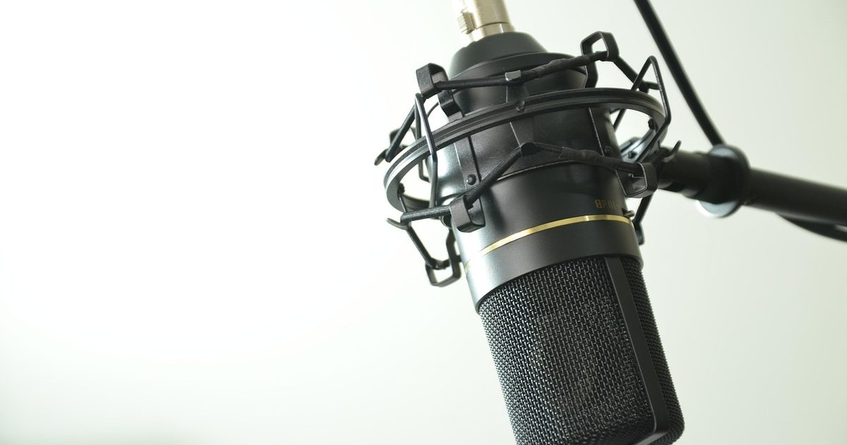 a black condenser microphone in a shock mount against a plain bright background